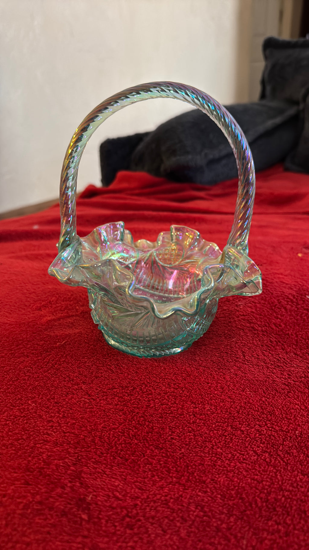 RARE- Fenton art glass Opal scent Willow green ruffled basket with handles