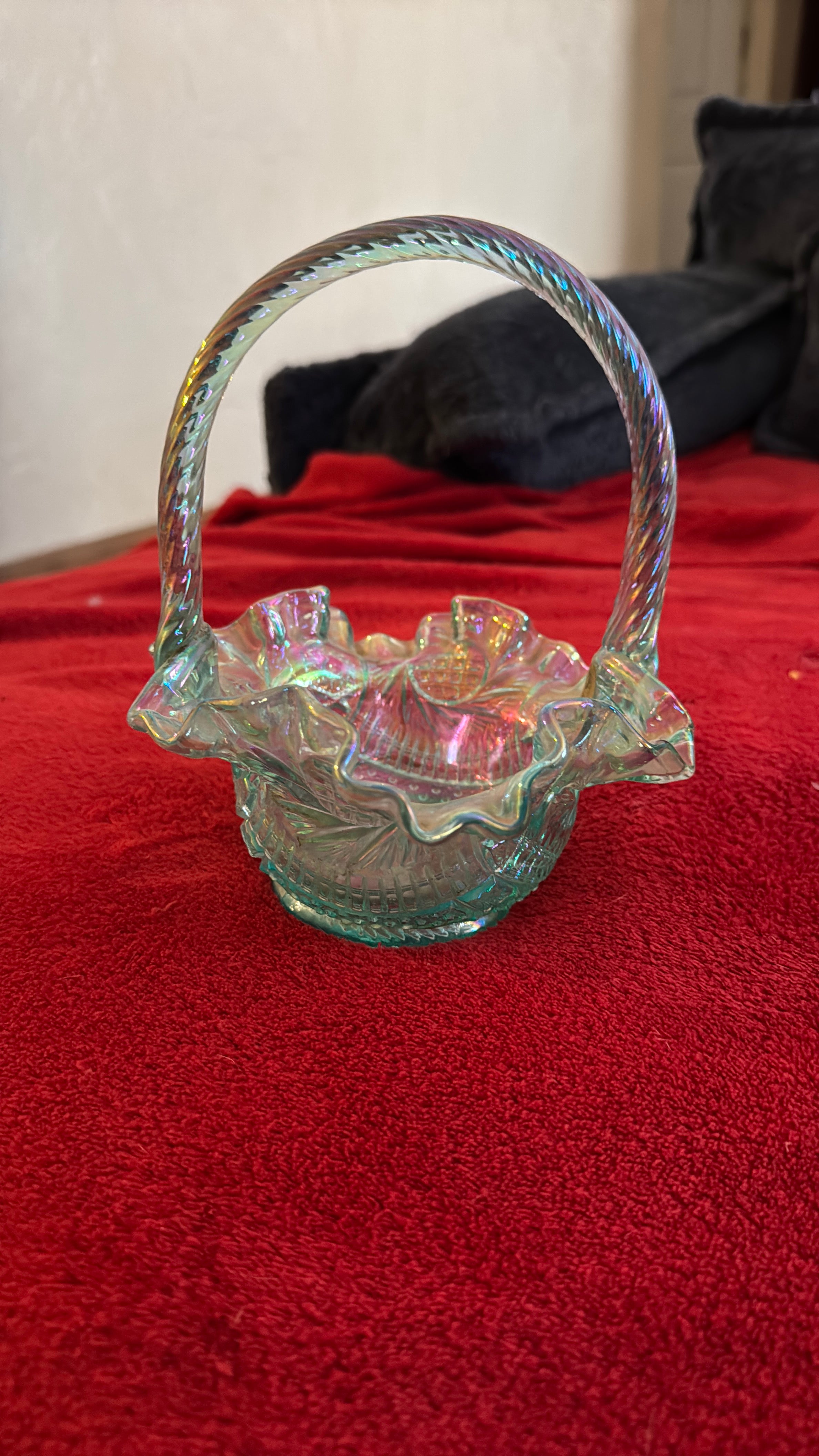 RARE- Fenton art glass Opal scent Willow green ruffled basket with handles